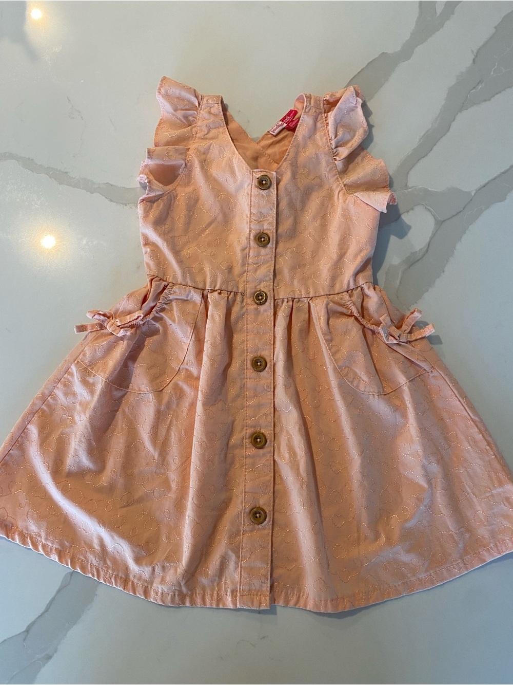 Penelope Mack cottagecore coral Pink Heart embroidered Ruffle Bow Pocket Dress